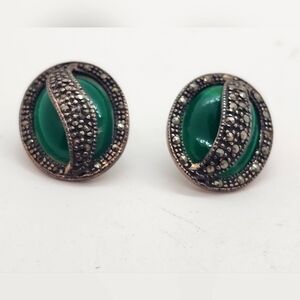 Oval Marcasite and Green Gemstone 925 Sterling Silver Earrings